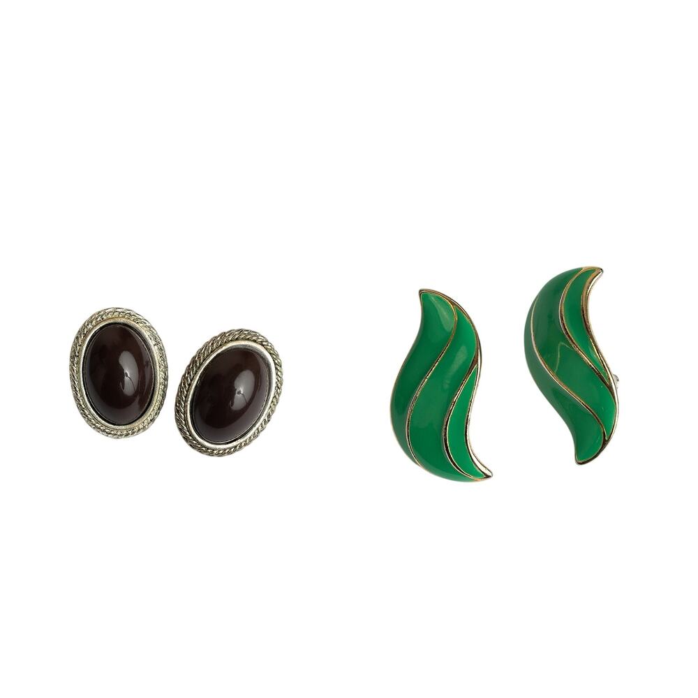 Vintage Pierced Earring Lot: Green Enamel Waves & Brown Cabochon Studs